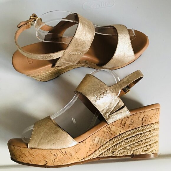 Ugg Elena Gold Leather Metallic Wedge Sandals Size 10 EU 41 - Picture 9 of 11